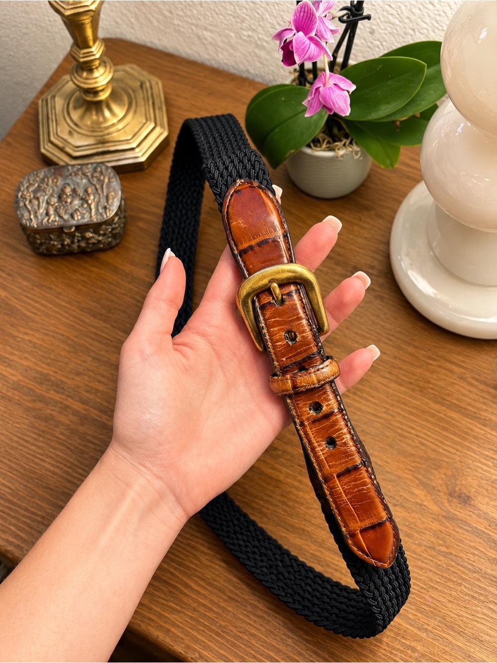 Vintage Brighton belt, navy woven, genuine leather brass buckle